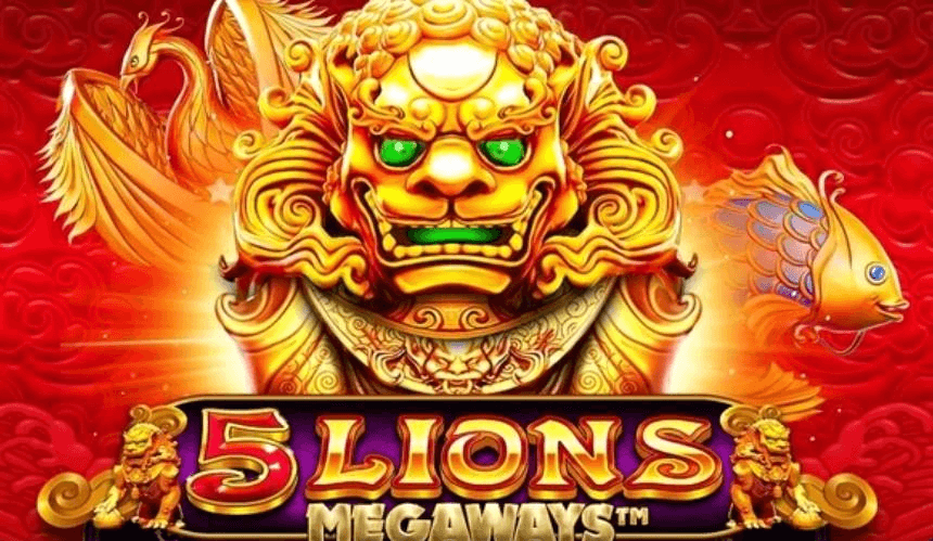 Pantalla del slot 5 Lions Megaways mostrando los carretes con leones dorados y símbolos asiáticos